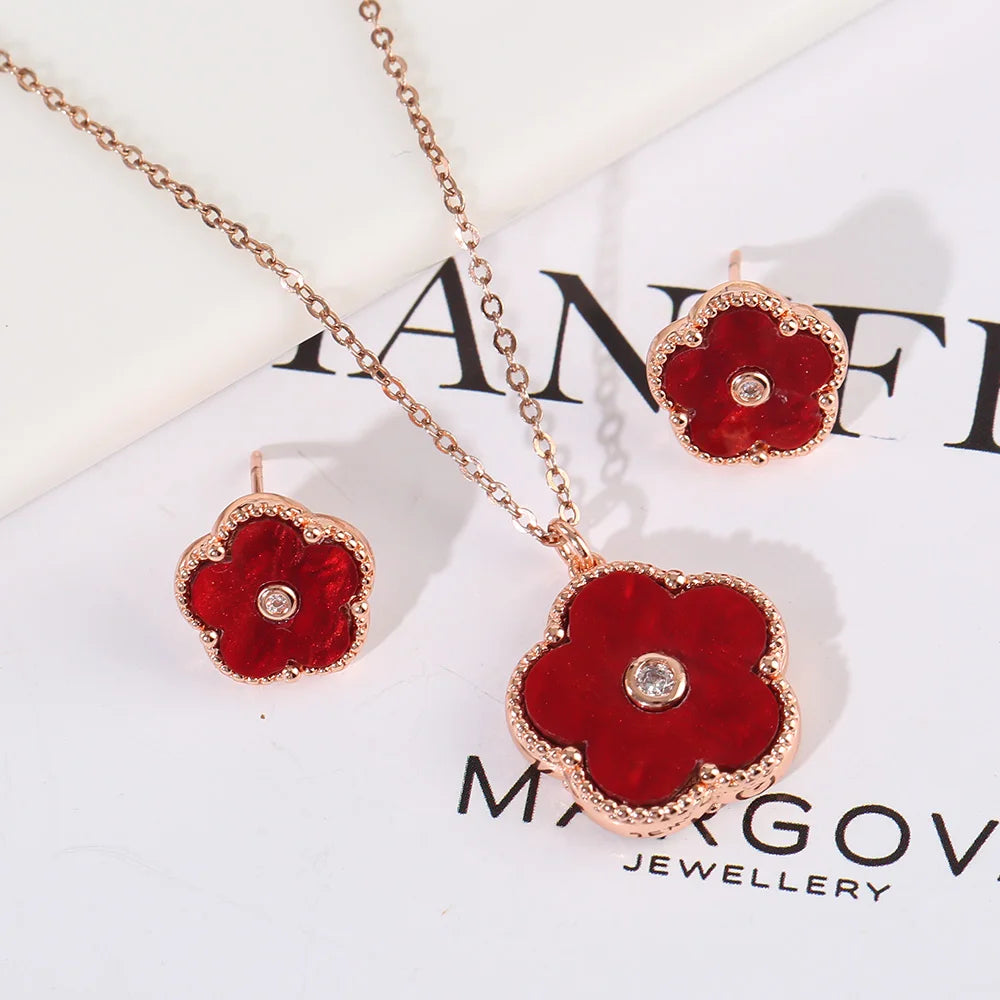 Double Sided Zircon New Design Plant Pentaphyllum 2pc Set Cute Shell Jewelry For Women's High-Quality Gifts Luxurious Clover