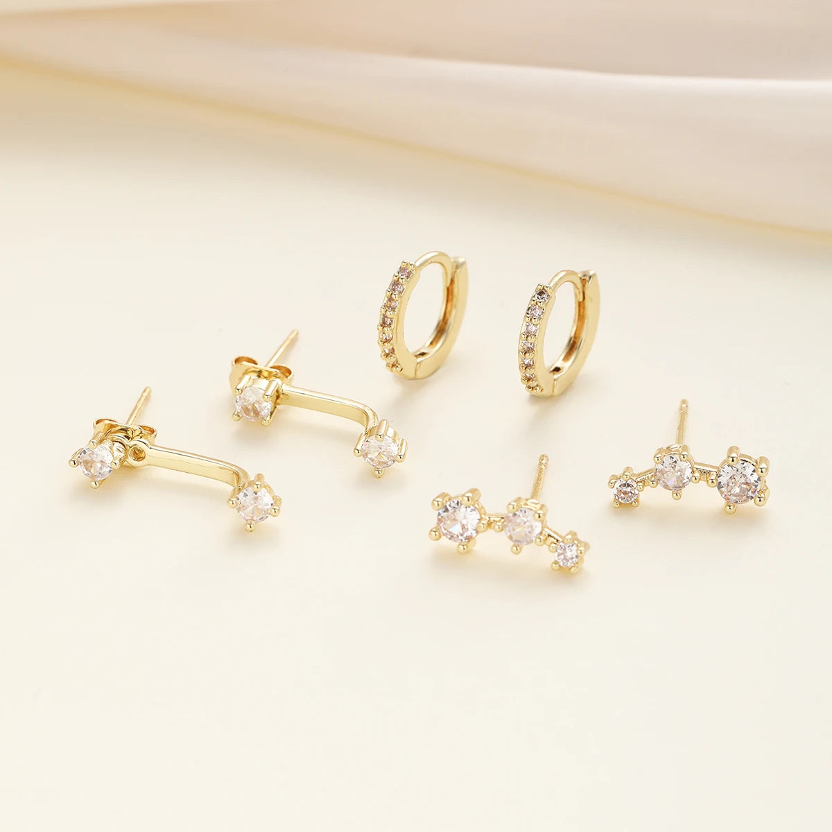 Minimalist Exquisite Gold Color Zircon Stud Earrings Set, 3 Pcs/Set
