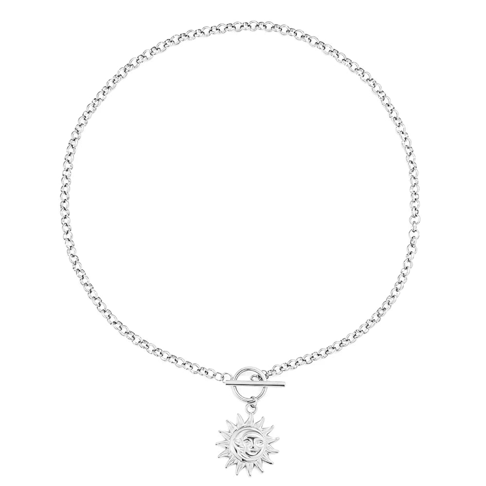 Stainless Steel Sun Pendant Necklace, Retro OT Clasp Choker, Gold Color Minimalist Jewelry for Women, Daily & Festival Wear