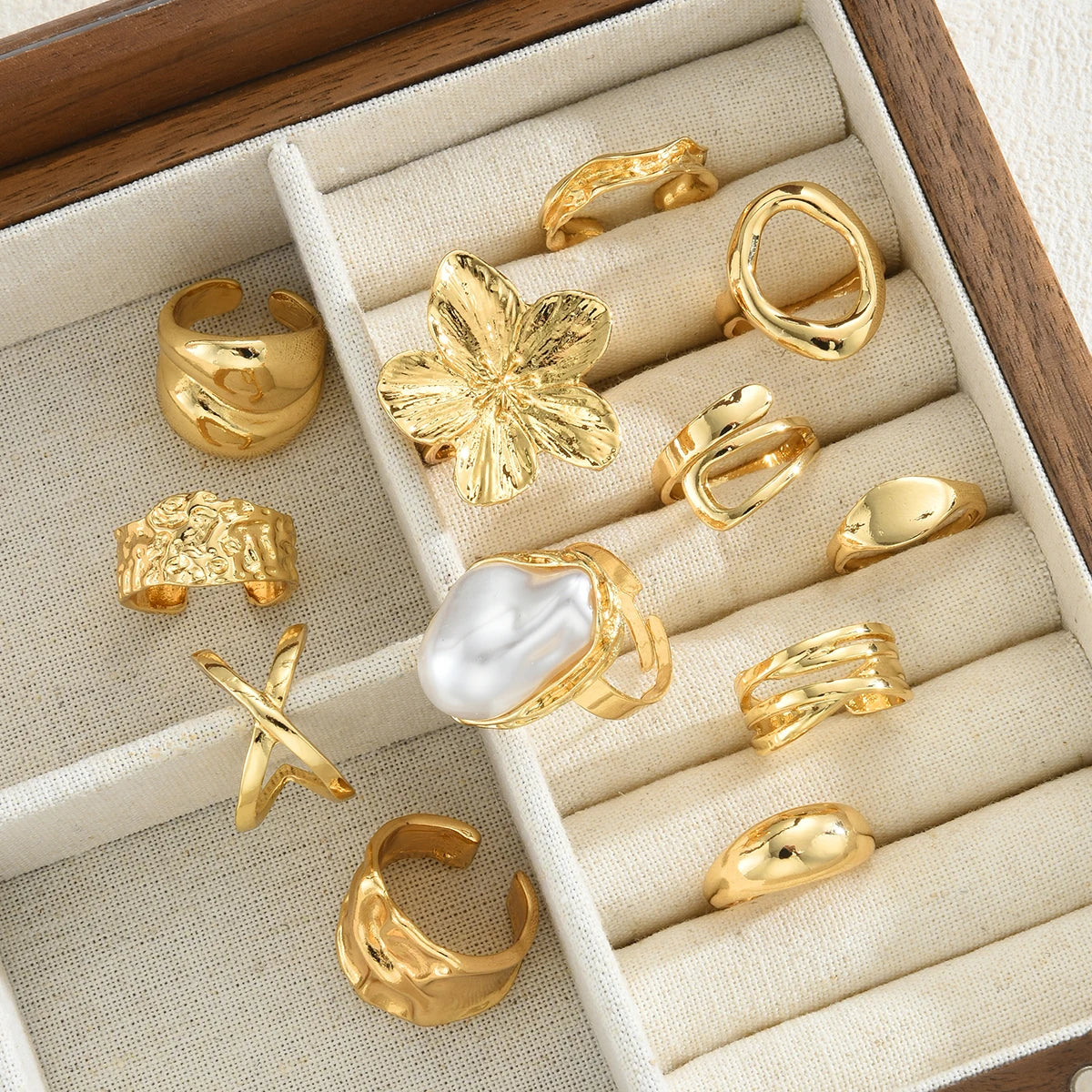 Bohemian Irregular Gold Color Flower & Pearl Opening Rings Set, 12 Pcs/Set