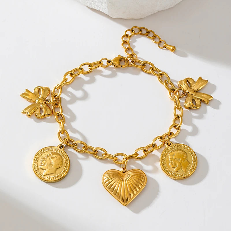 EILIECK 316L Stainless Steel Heart Sun Charm Bracelet Gold Color PVD Plated High Quality Waterproof Jewelry Hand Chain for Women