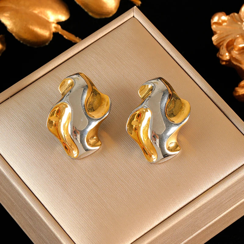 EILIECK 316L Stainless Steel Metal Two-Color Geometric Stud Earrings For Women Trendy High-Quality Waterproof Earring Jewelry