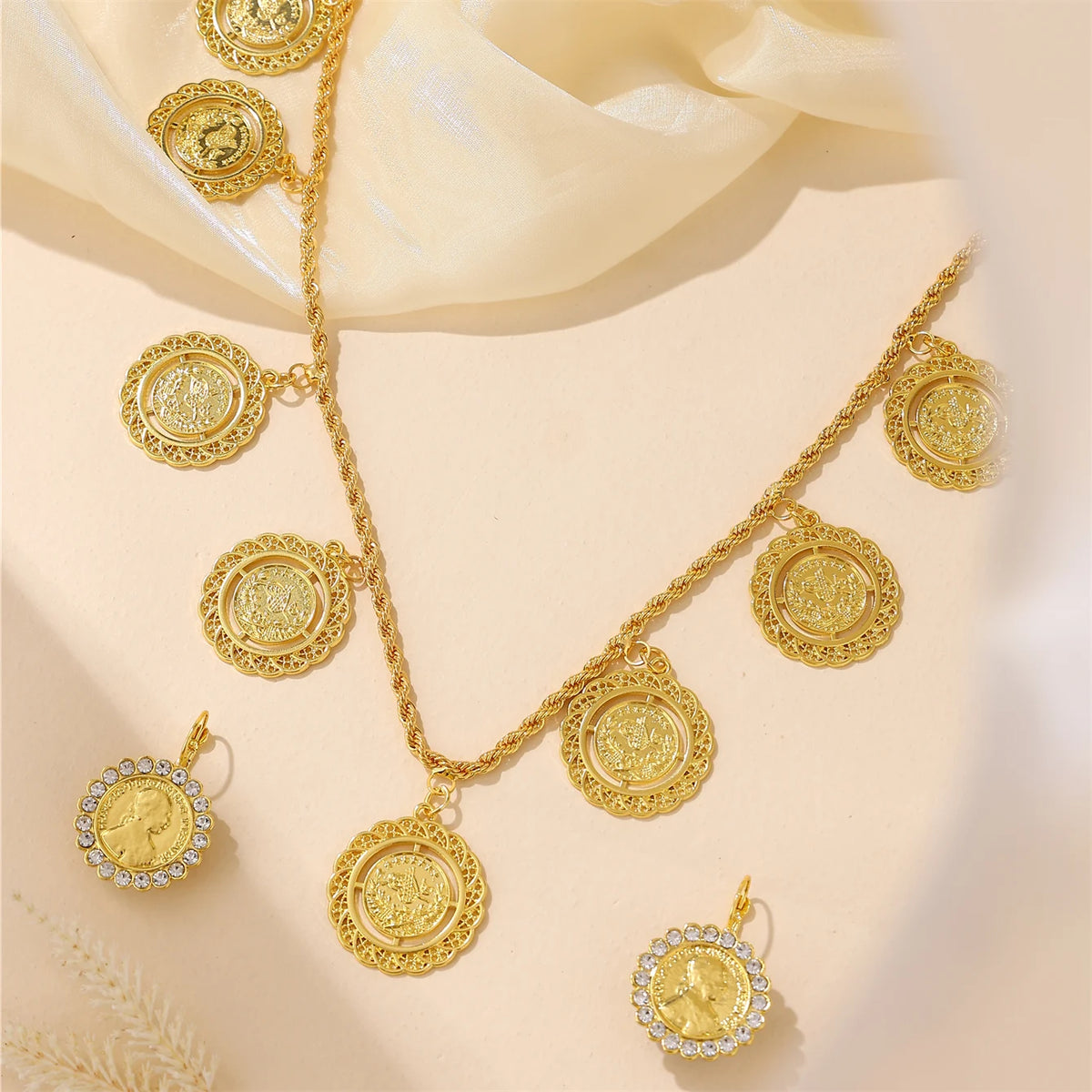 Moroccan Women's Necklace & Earrings Set Coin Design with Rhinestone Accents French Vintage Style for Weddings Banquets