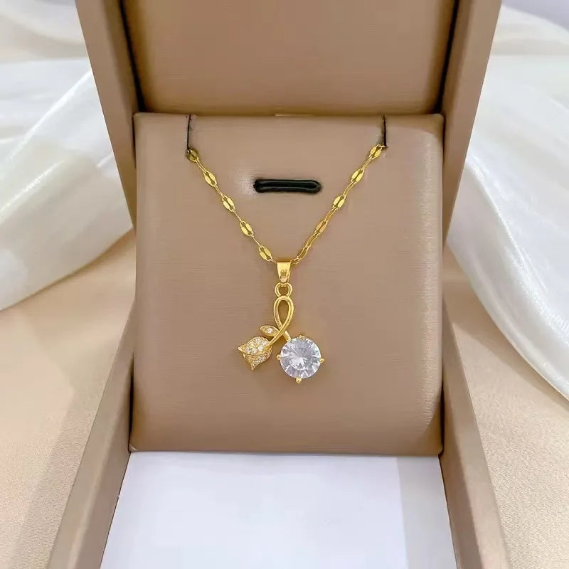 EILIECK 316L Stainless Steel Green Cubic Zircon Flower Pendant Necklace for Women Luxury Temperament Neck Chain Fashion Jewelry