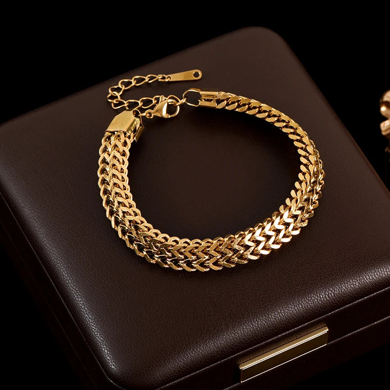 GANEMLY 316L Stainless Steel Thick Chain Necklace Bracelet Set For Women New Punk 18K Gold Plated Waterproof Jewelry Set Bijoux