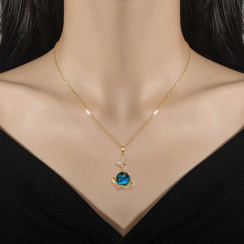 Light Luxury Titanium Steel Star Series Planet, Moon & Astronaut Pendant Necklace