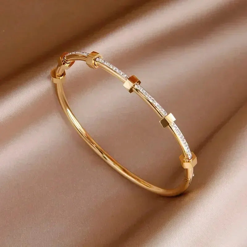 Trendy Round Cubic Zirconia Bangles For Women Men Gold Color Silver Color Stainless Steel Crystal Bangle Party Jewelry