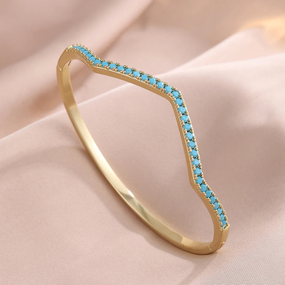 ZAKOL 4 Colors Blue Turquoise Round CZ Zircon Inlaid Bracelet for Women Wavy Slim Bangles Trendy Exquisite Jewelry Gifts