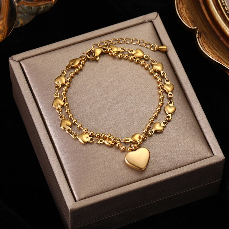 EILIECK 316L Stainless Steel Heart Flower Pearl Charms Bracelet For Women Gold Color OT Clasp Hand Chain Holiday Gift