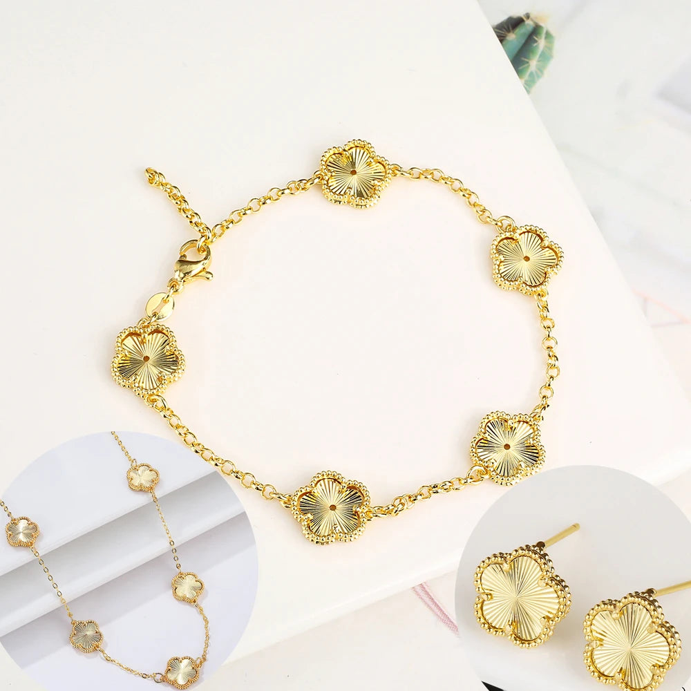Hot Sale 14 Colors Five-Leaf Flower Set Bracelet Necklace Classic Simple Women Jewelry Set Suitable For Daily Party Wear Clover