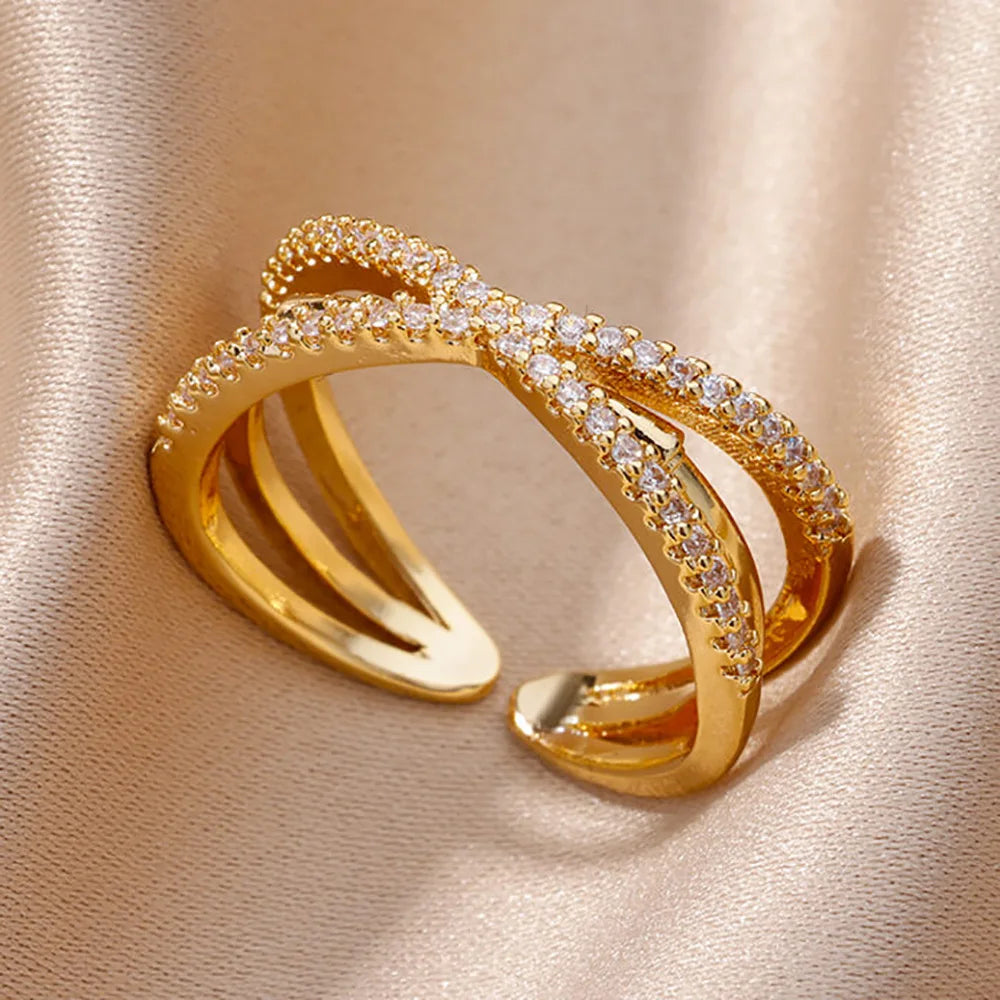 Gold-Plated Stainless Steel Crystal & Geometric Chain Ring