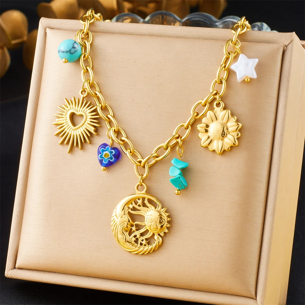 DIEYURO 316L Stainless Steel Golden Heart Sun Multiple Pendants Necklace Women New Fashion Marine Style Neck Chain Jewelry Gift