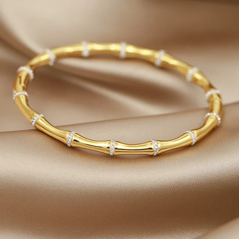 316L Stainless Steel Golden Flower Geometric Bamboo Bangle