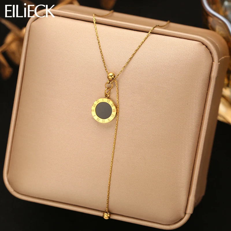 EILIECK 316L Stainless Steel Round Roman Numerals Pendant Necklace For Women Trendy Neck Chain Summer Vacation Jewelry