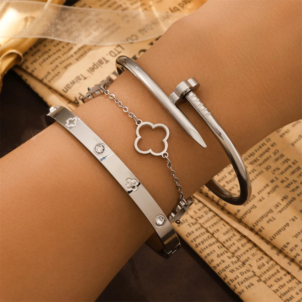 3pcs/2pcs Stainless Steel Four-Leaf Clover Stacked Bracelets Set 18K Gold Plated Couple Jewelry Lucky Charm Holiday Gift