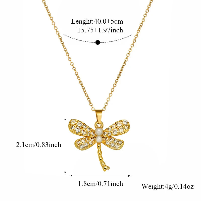EILIECK Ensemble Collier Boucles d'Oreilles Libellule en Acier Inoxydable 316L avec Strass et Perles pour Femme, Cadeau Tendance, Bijoux de Luxe Étanche