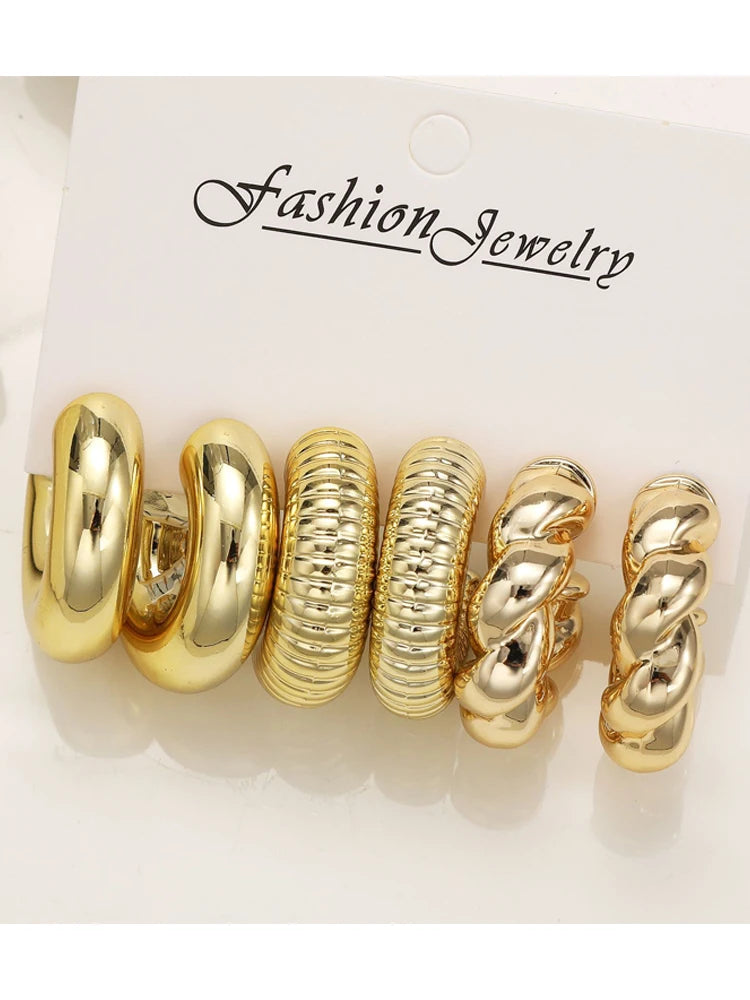 Classic Twist Gold-Color Earring Set, 12 Pcs/Set