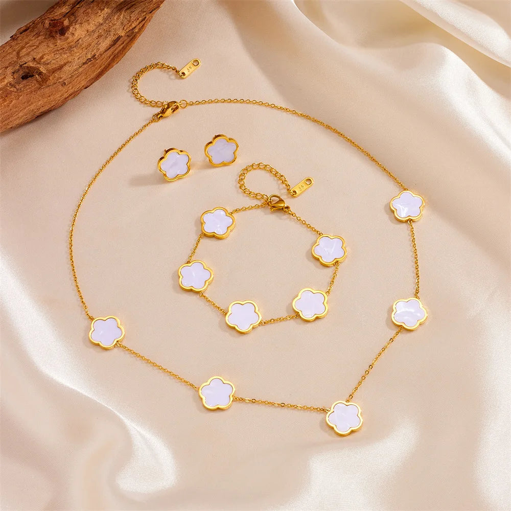 Women's Trendy 18K Gold Plated Jewelry Set  Five Leaf Clover Necklace Bracelet Earrings Stainless Steel Jewelry Para Mujer