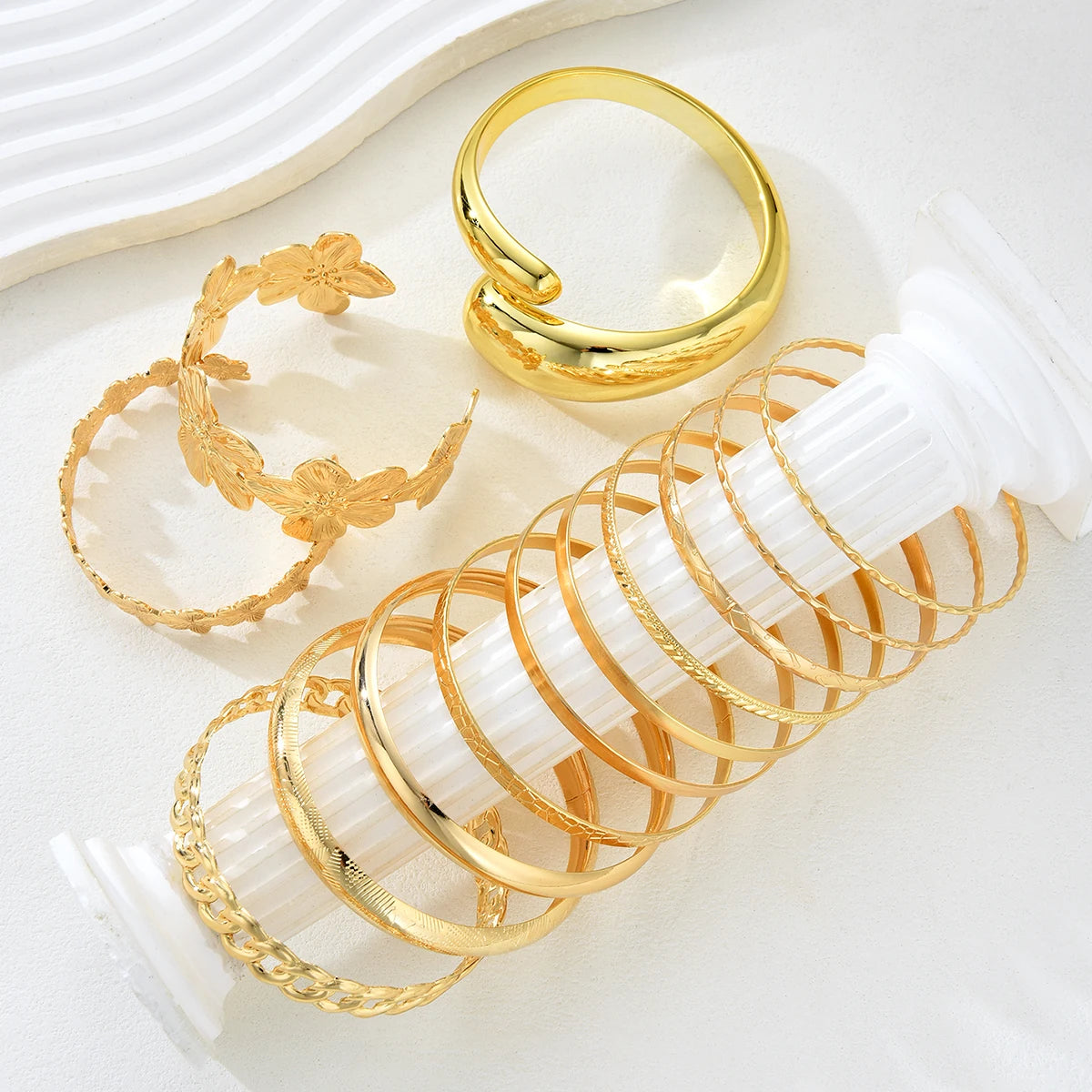 Vintage Minimalist Flower & Hollow Chain Water Drop Bangle Set, 13 Pcs/Set