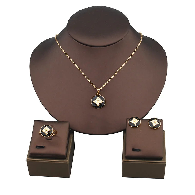 Classic Copper Luxurious Cubic Ziron Women Pendant Choker Ring Statement Necklace Lady Fashion Jewelry Earring Lady Gift Set