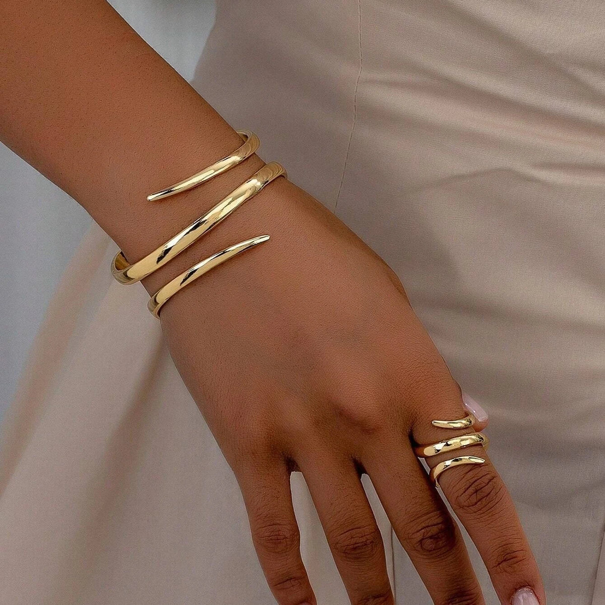 2pcs New Fashion Simple Design Geometric Open Bracelet Ring Set, Women's Personalized Trend Holiday Party Accessories Gifts
