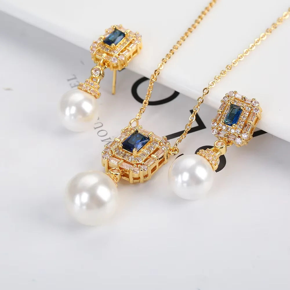 Luxury New Design Simple Irregular Pearl Classic Retro Pendant Necklace Earring Jewelry Set 18K Gold Plated Square Crystal Women
