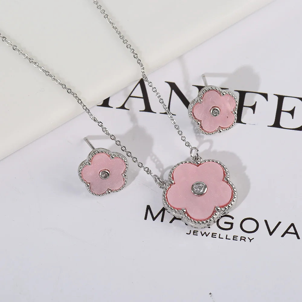 Double Sided Zircon New Design Plant Pentaphyllum 2pc Set Cute Shell Jewelry For Women's High-Quality Gifts Luxurious Clover