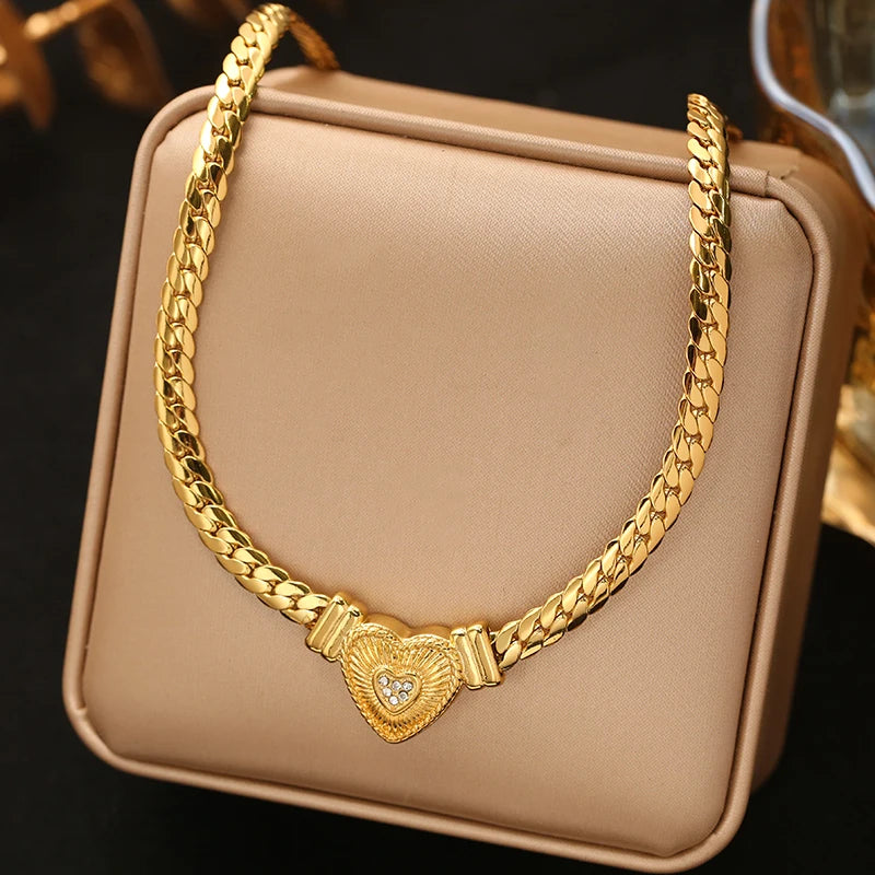 EILIECK 316L Stainless Steel Metal Gold Color Heart Chain Collar Necklace For Women Trendy Waterproof Neck Chain Jewelry Gift