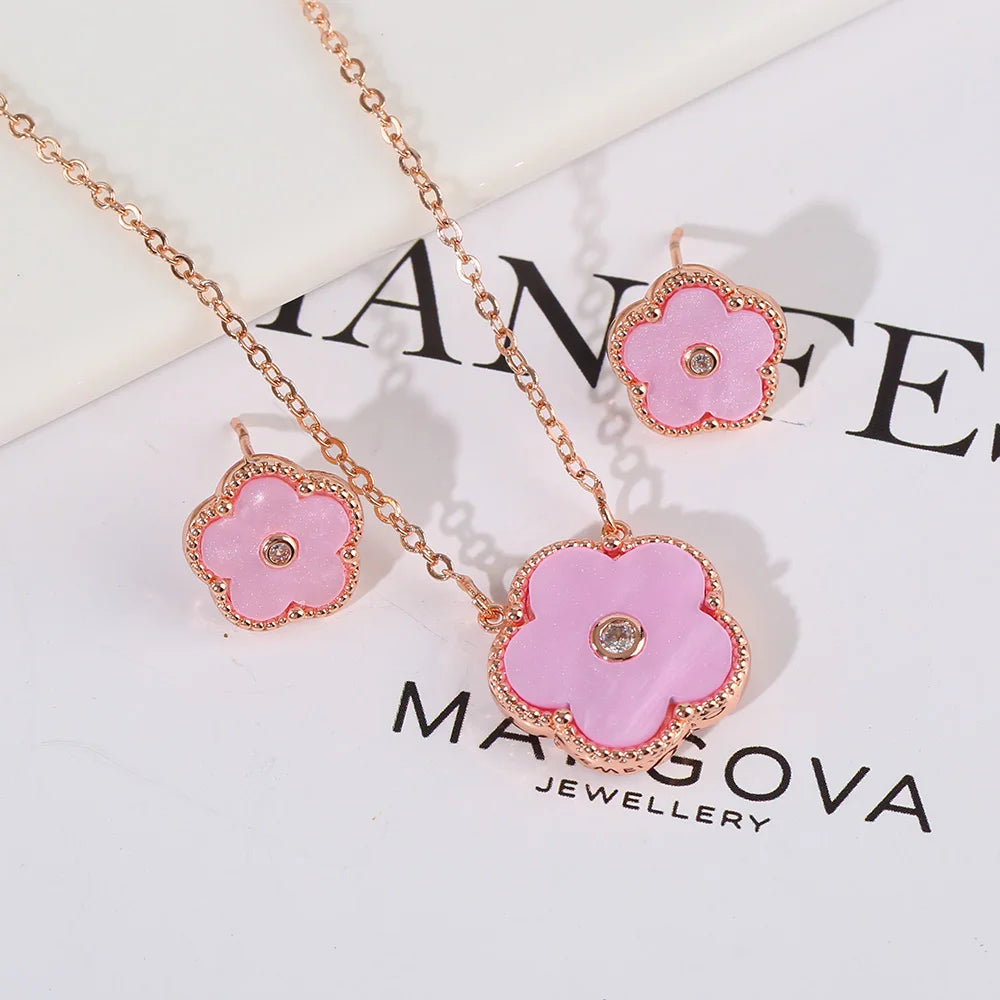 Double Sided Zircon New Design Plant Pentaphyllum 2pc Set Cute Shell Jewelry For Women's High-Quality Gifts Luxurious Clover