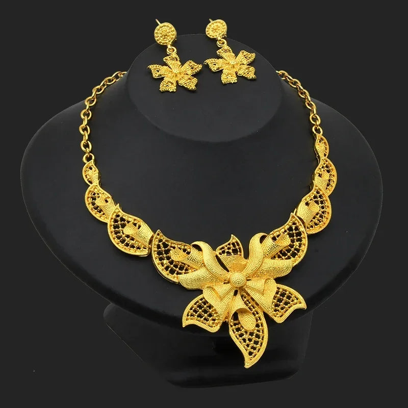African Flower Necklace Earrings Jewelry Set For Women 24K Gold Plated Dubai Indian Nigeria Bridal Wedding Party Gift Jewellery