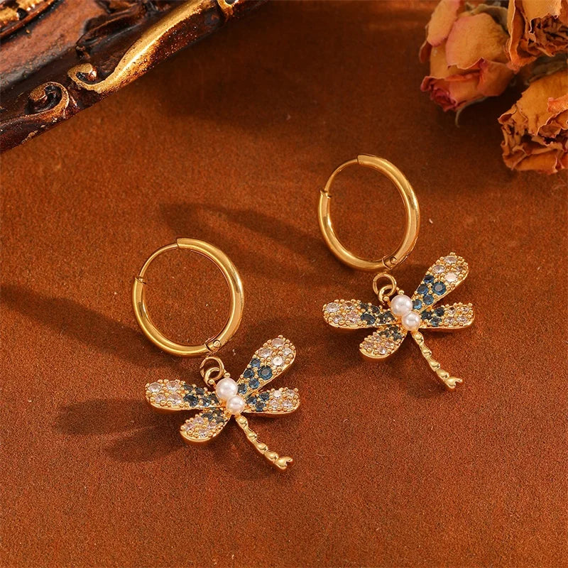 EILIECK 316L Stainless Steel Dragonfly Rhinestone Pearl Necklace Earrings Set For Women Trendy Gift Luxury Waterproof Jewelry