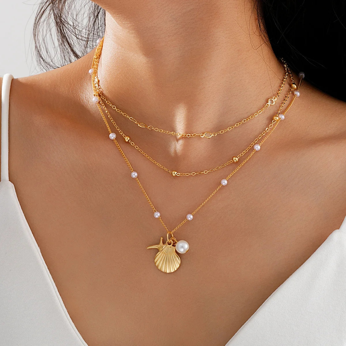 Vintage Summer Beach Starfish, Shell & Fishtail Pendant Necklace Set, 3 Pcs/Set