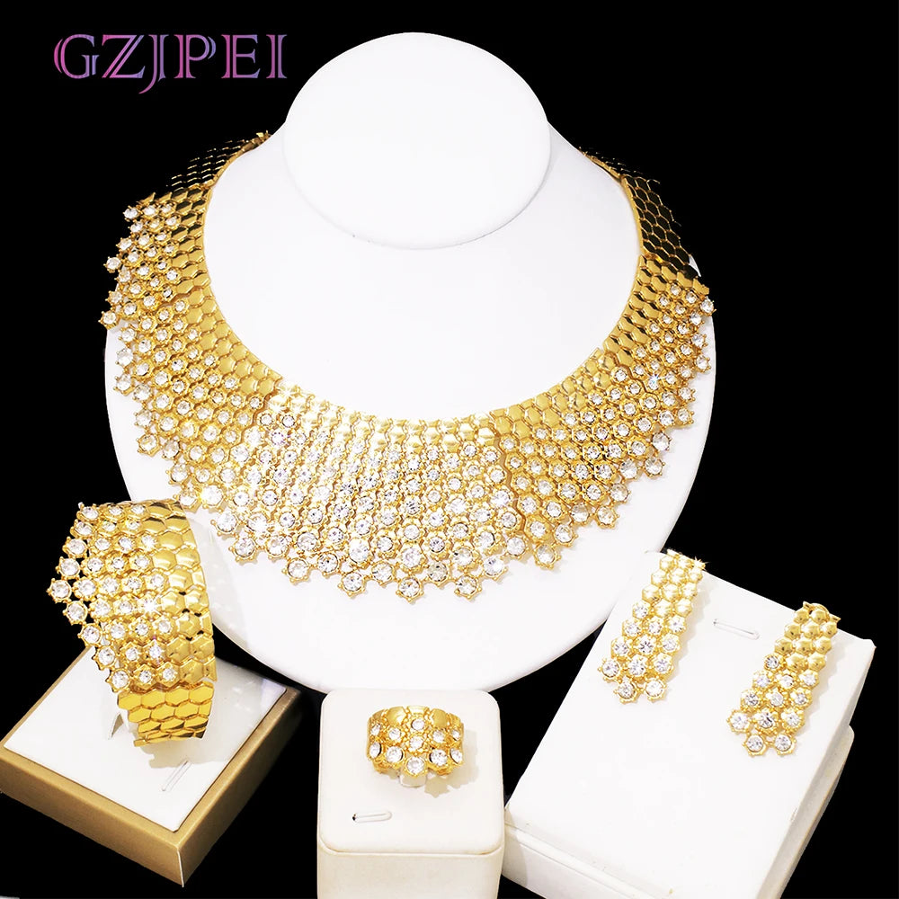GZJPEI Shiny White Zircon Jewelry Set For Women Italy Nigeria Wedding Jewellery 18K Gold Plated Mother's Day Gift On Sale ﻿