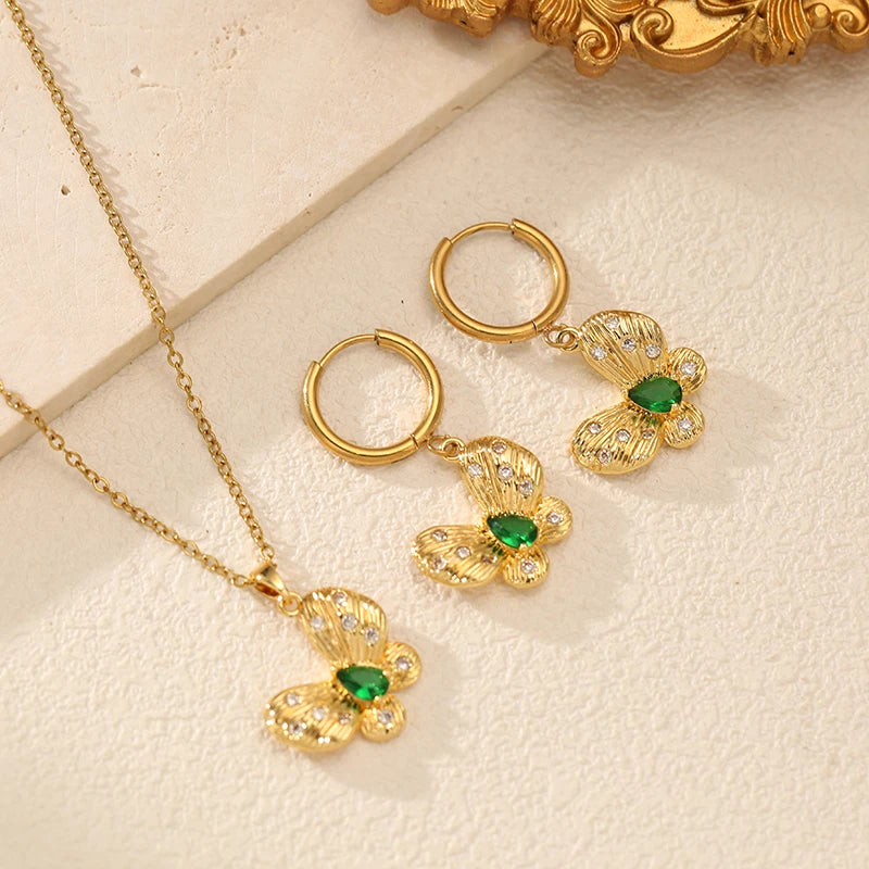 EILIECK 316L Stainless Steel Green Butterfly Zircon Dangle Necklace Earrings Set For Women Trendy Gift Luxury Waterproof Jewelry