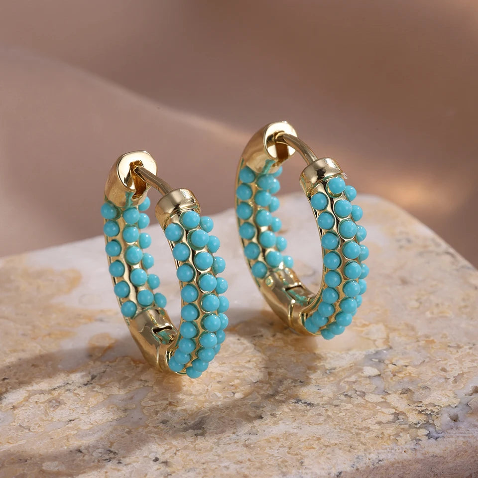 Luxury Gold-Color Plated Turquoise & Micro-Inlaid Blue Zircon Hoop Earrings