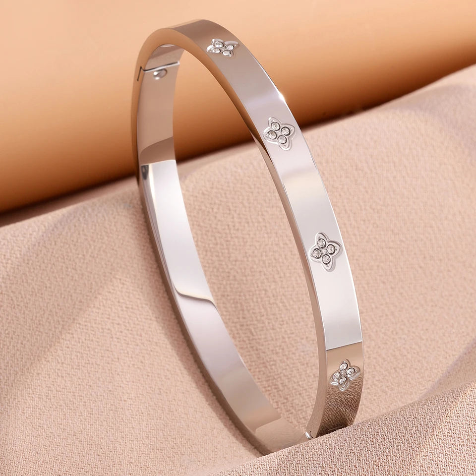 Yupsk 4/1Pcs Inlaid Zircon Stainless Steel Stackable Bracelet Delicate Flower Design Bangles Women's Fashion Versatile Jewelry