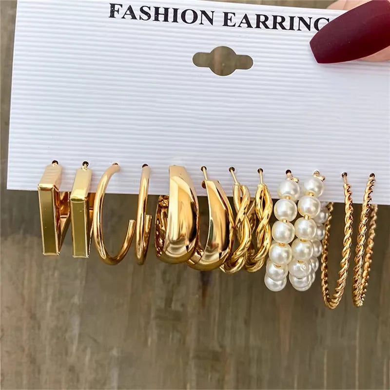 Gold Pearl Geometric Hoop Earrings