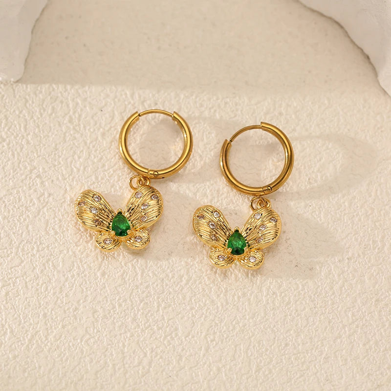 EILIECK Exquisite Butterfly Green Zirconia Dangle Earrings 18K Gold-plated Stainless Steel Women's Trendy Holiday Accessories