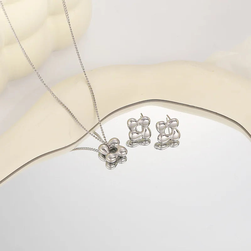 Simple Exquisite Rotate Flower Pendant Necklace Stud Earrings for Women Stainless Steel Jewelry Set Party Daily Gift for Friends