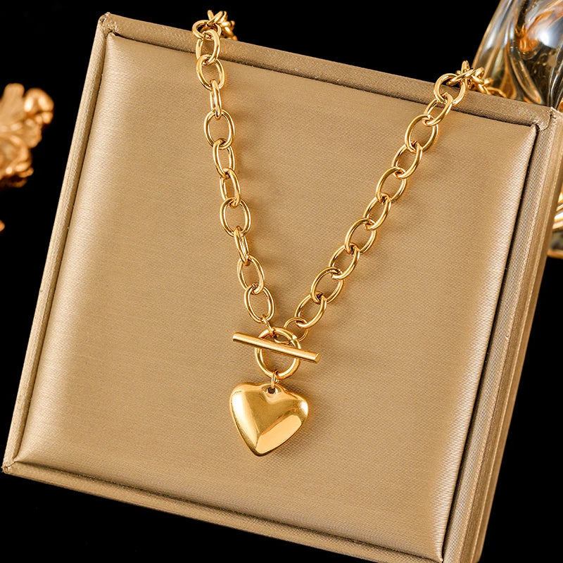 EILIECK 316L Stainless Steel Gold Color Smooth Heart Charm Necklace Bracelets Set For Women Trendy Waterproof Jewelry Lady Gift