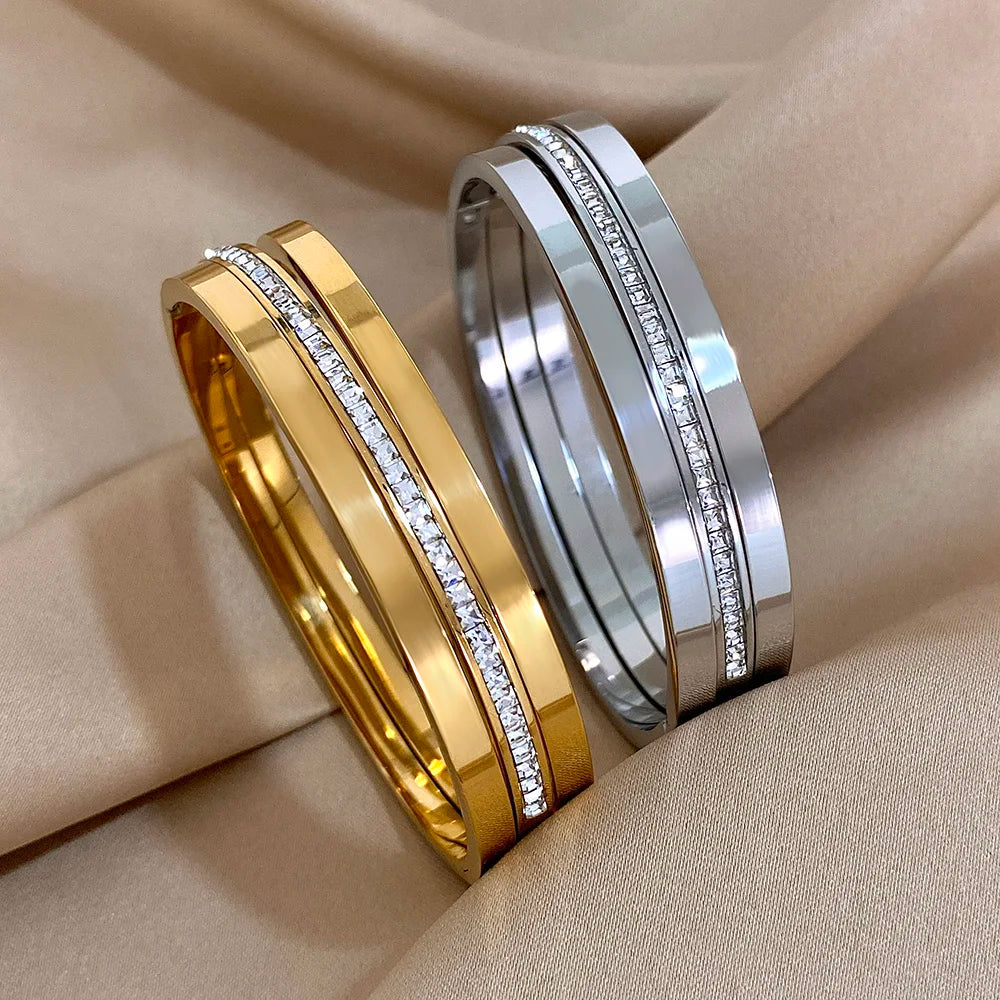 3pcs Glossy Rhinestone Stainless Steel Bangle Bracelet for Women Luxury Gold Silver Color Wristband Bracelet Waterproof Jewelry
