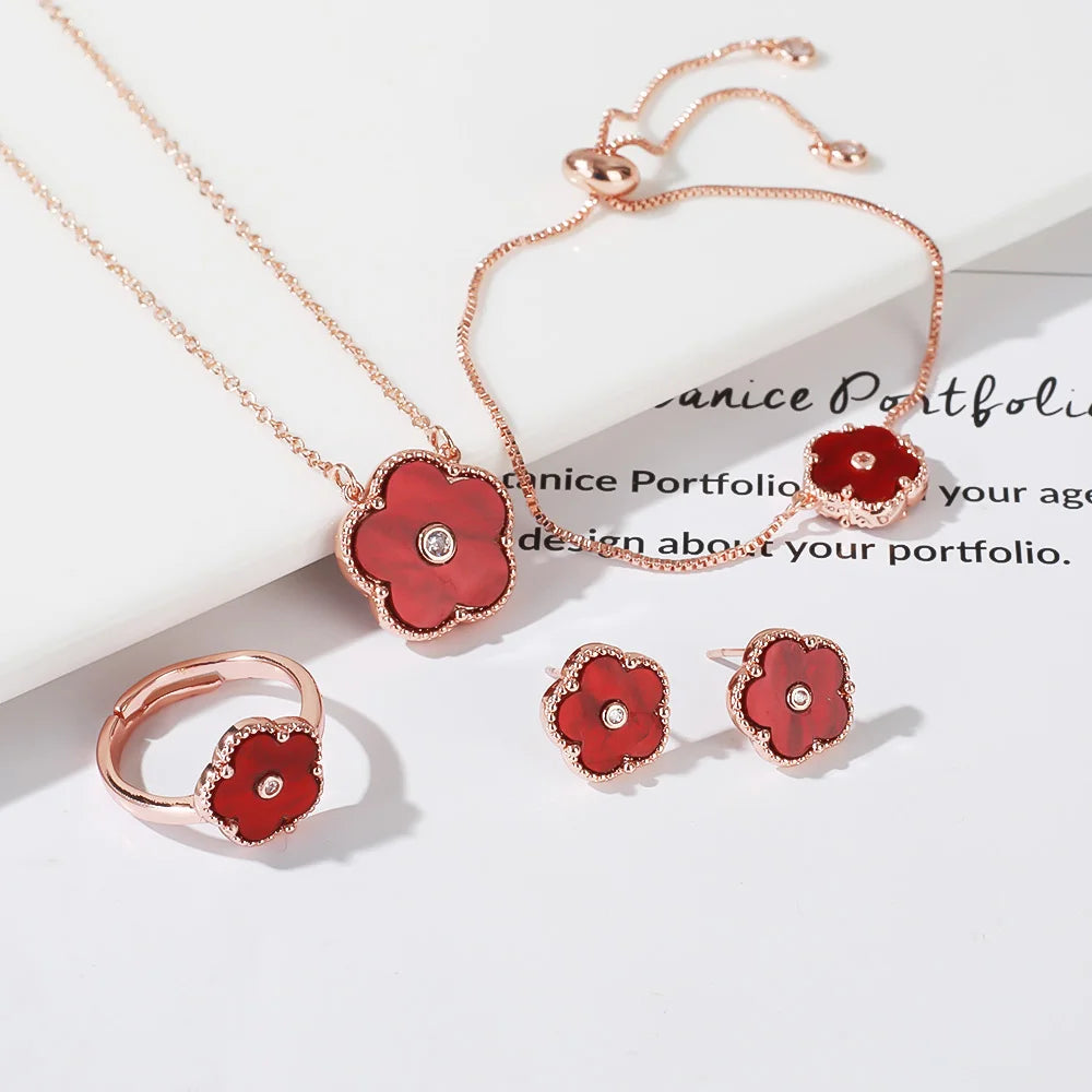 4pc Double-Sided Plum Blossom Jewelry Set Zircon New Hot Selling Plant Five Leaf Flower Women's High-Quality Clover