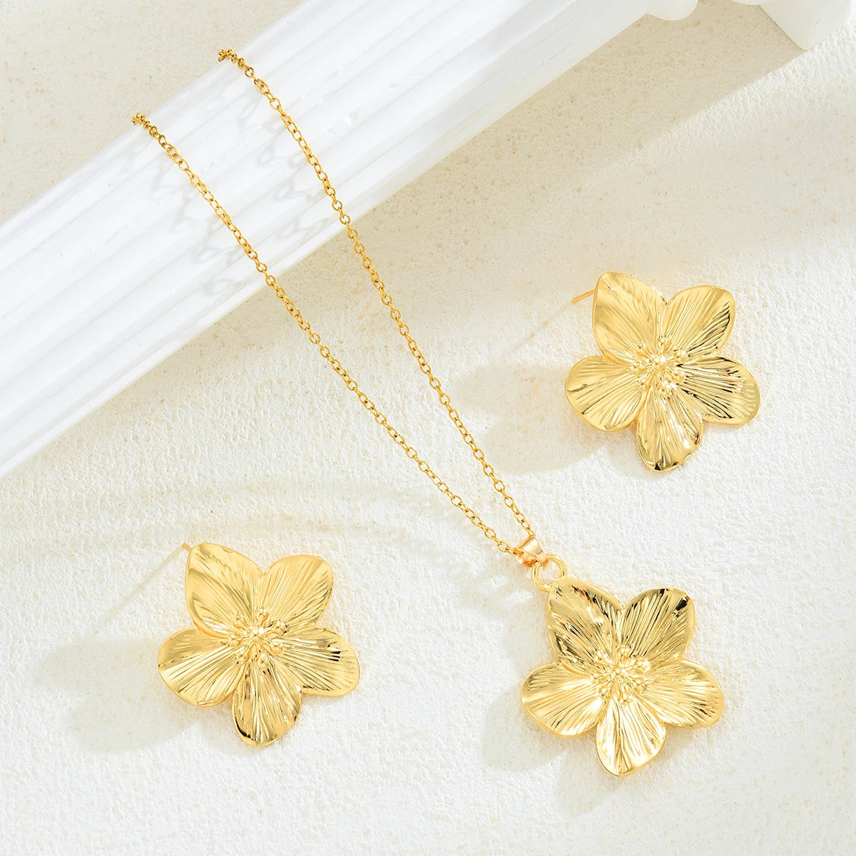 French Vintage Stainless Steel Flower Jewelry Set, 3 Pcs/Set