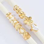 Bohemian Irregular Gold Color Flower & Pearl Opening Rings Set, 12 Pcs/Set