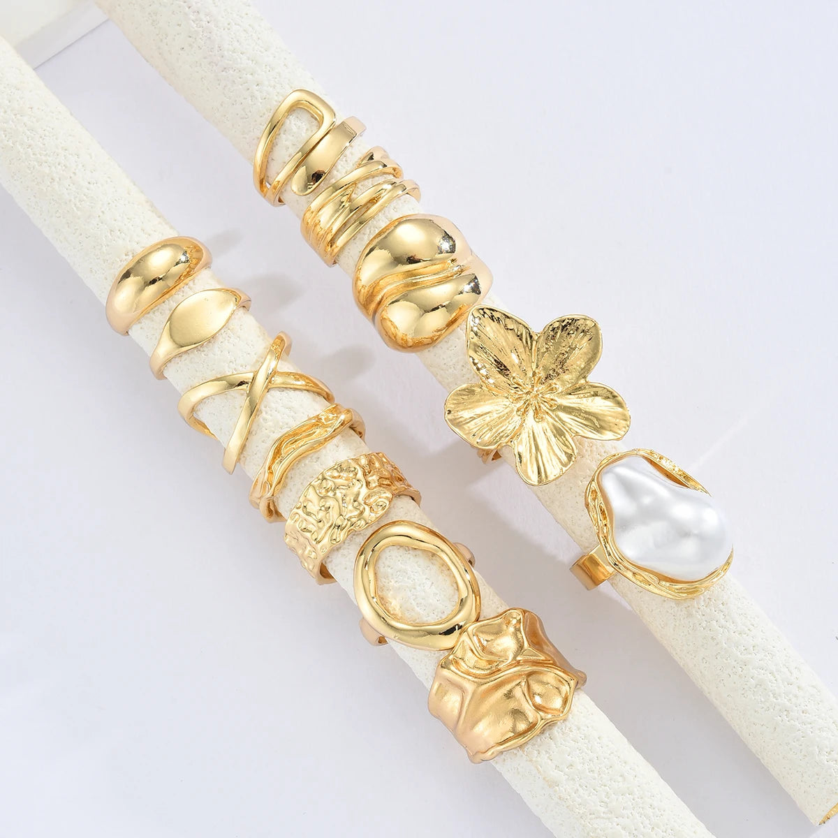 Bohemian Irregular Gold Color Flower & Pearl Opening Rings Set, 12 Pcs/Set