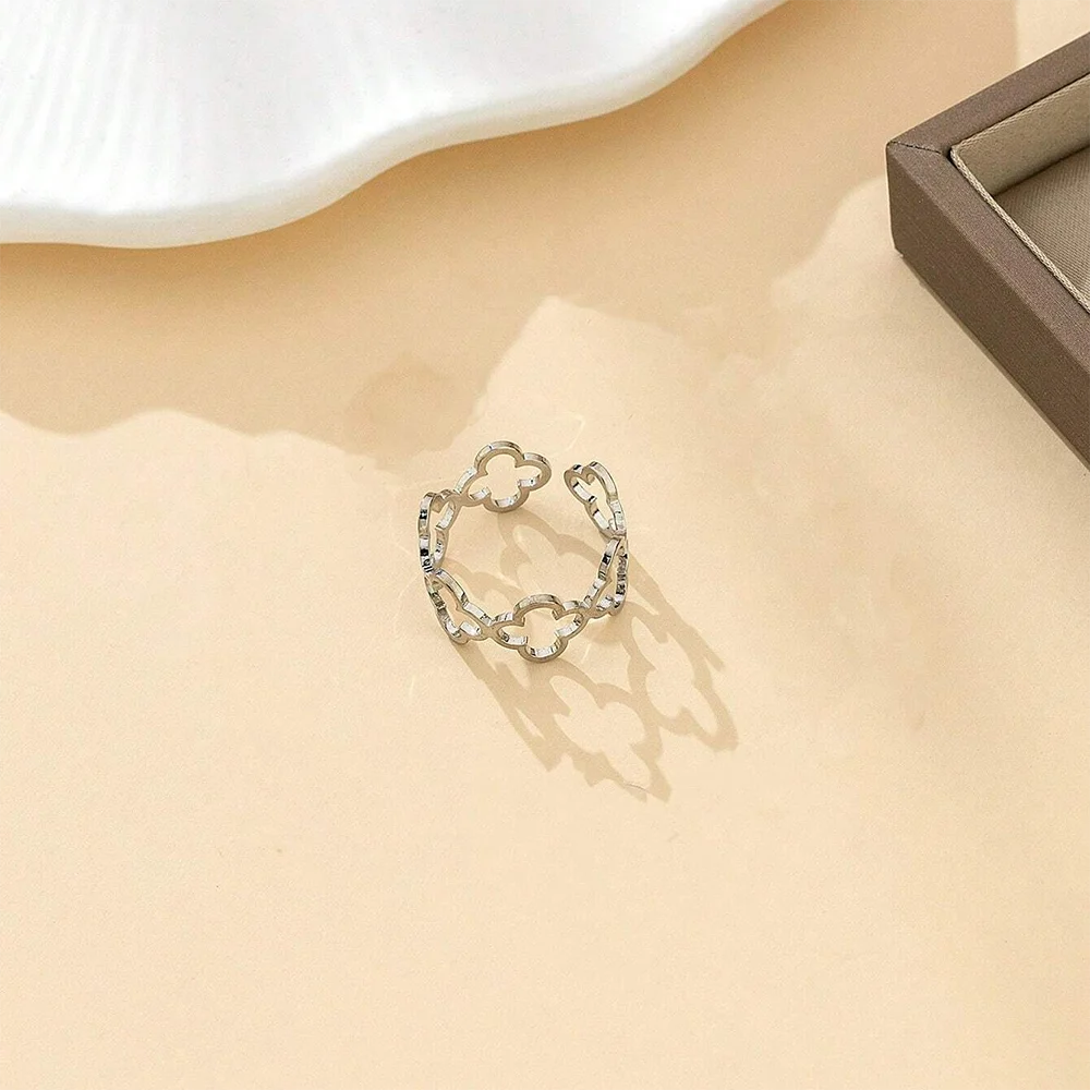DOTIF Stainless Steel Lucky Hollow Four-Leaf Clover Ring Female Fashion Simple Opening Adjustable Finger Jewelry Party Gifts
