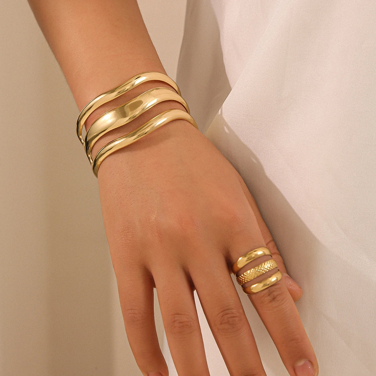 2pcs New Fashion Simple Design Geometric Open Bracelet Ring Set, Women's Personalized Trend Holiday Party Accessories Gifts