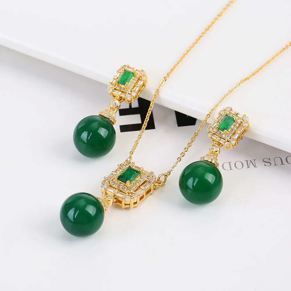 Luxury New Design Simple Irregular Pearl Classic Retro Pendant Necklace Earring Jewelry Set 18K Gold Plated Square Crystal Women