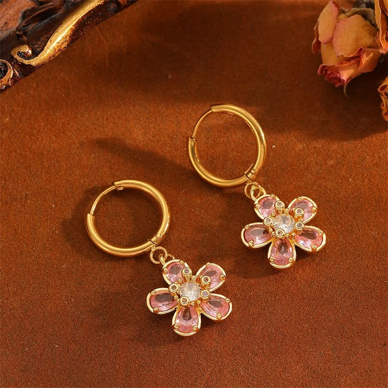 EILIECK Women's Luxury Flower Crystal Zircon Dangle Earrings 18K Gold PVD Plated Stainless Steel Fashion Ear Jewelry Gift Gift