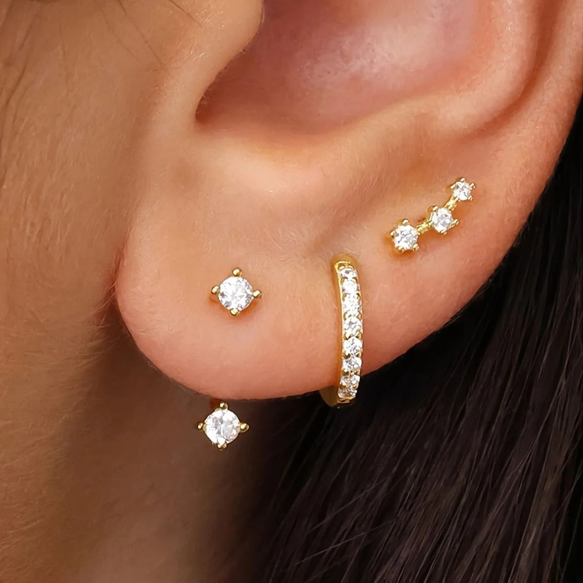 Shiny Crystal Stainless Steel Huggie Hoop Earring Set, 3 Pcs/Set